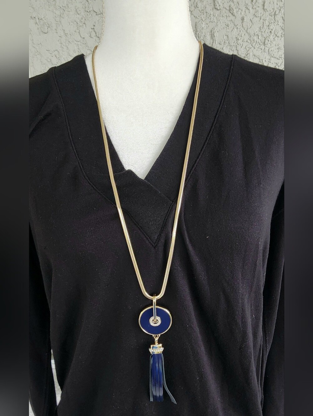 White House Black Market Gold-Tone Necklace with Navy Pendant and Leather Tassel